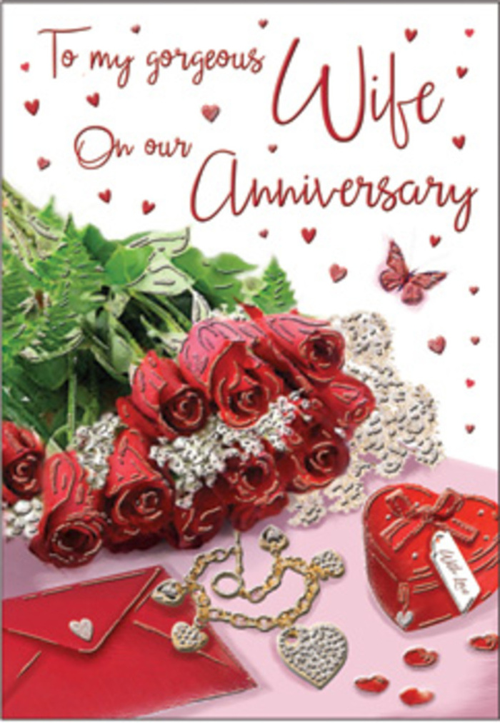 In this romantic anniversary card image, the scene is arranged with the same care a florist in Bethnal Green might give to a bespoke bouquet for a long-awaited celebration. A generous spray of classic red roses lies across the composition, their petals densely layered and richly coloured, creating a plush, almost touchable surface. Each bloom appears at its peak, suggesting that they have just been selected and arranged, their stems hidden beneath a sweep of deep green foliage that curls around the edges and softens the lines. Nearby, a neatly folded envelope rests with quiet importance, as though it carries a message crafted over years of shared history. Nestled close are intimate keepsakes: a heart-shaped box, smooth and polished, and a small piece of jewellery, perhaps a delicate chain or pendant, glinting softly against the surrounding elements. Tiny heart shapes and gleaming decorations scatter like confetti across the background, catching the light and providing points of sparkle that guide the eye around the scene. A single, graceful butterfly motif hovers, lending an air of gentle motion and hope, much like the feeling of stepping through Victoria Park on a calm evening. The lighting is soft and even, allowing the saturated reds, cool metallic tones, and creamy neutrals to blend into a harmonious palette that feels both luxurious and approachable. As an overall impression, the image suggests an intimate celebration at home in Bethnal Green-roses opened from fresh paper, jewellery box clasped open, card propped beside a favourite chair-capturing love that is steady, heartfelt, and beautifully enduring. Crafted in this way, the card becomes not just a greeting, but a keepsake that echoes the depth of a well-tended relationship.
