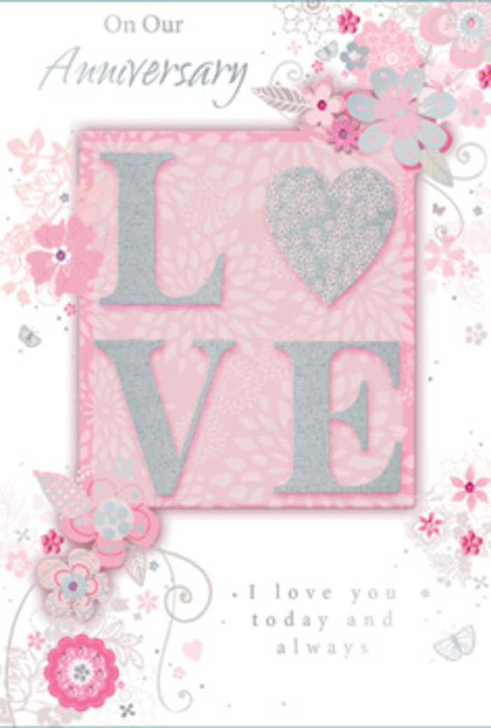 The anniversary card in this image opens like a gentle breath of light, the design reminiscent of stepping into a sun-washed room in Bethnal Green where love is simply part of the everyday. At its heart, the word LOVE is printed in tall, graceful letters, each one frosted with a fine layer of glitter that sparkles softly without overpowering the calm palette. The texture looks subtly raised, inviting a slow, appreciative touch, like tracing the edges of a cherished photograph kept in a drawer of a flat just off Bethnal Green Road. Around this centrepiece, the card is framed with wispy, hand-drawn blooms and sprays that appear to drift in from the edges. Their colours are tender shades of pink, lilac, and creamy ivory, blending seamlessly as though washed on by watercolour. Small filigree lines, dainty leaves, and barely-there butterflies weave between the flowers, suggesting both movement and the quiet flutter of hearts on an anniversary morning. The background is a muted pink, soft enough to let every fine detail stand out, yet warm enough to evoke the glow of evening light over nearby Columbia Road Flower Market. Nestled in a graceful yet understated font is the message, I love you today and always, giving the design its emotional anchor. It reads like an intimate promise shared over many years, rather than a fleeting sentiment. The overall composition feels like a hand-tied bouquet translated into paper-considered, harmonious, and full of gentle emotion-perfect for a couple who might also be welcoming a fresh delivery of roses and lilies to their Bethnal Green home.