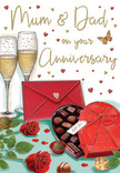Warm and romantic anniversary card illustration that could easily mirror a celebration in a Bethnal Green flat after dinner. The composition centres around two slender champagne flutes, drawn with graceful lines and filled to mid-height with softly glowing, golden fizz. Tiny bubbles rise through each glass, holding the moment just before a joyful toast. In the foreground, a heart-shaped box of chocolates in a deep, romantic red commands attention, its lid flipped open to reveal an inviting selection of rounded truffles. A dramatic red satin bow wraps the box, the ribbon loops generously tied, suggesting time and care taken in choosing the gift. Resting alongside are two red roses in full bloom, their velvety petals layered and lush, with surrounding green leaves adding depth and contrast, exactly the kind of blooms a local Bethnal Green florist might recommend for a sentimental anniversary gesture. Scattered chocolates and a dusting of illustrated highlights give the impression of gentle movement, as though the scene has just been set moments ago. Above and around, small golden and crimson hearts drift like confetti, softening the cream-toned background. A vivid scarlet envelope, sealed neatly with a tiny heart, lies on the table, implying carefully written words inside-perhaps addressed to Mum and Dad or to a beloved partner. The overall mood is intimate and affectionate, with a colour scheme of ruby, gold, and chocolate that recalls shared desserts, candlelit conversations, and the comfortable, enduring love that has grown over years of everyday life in Bethnal Green.